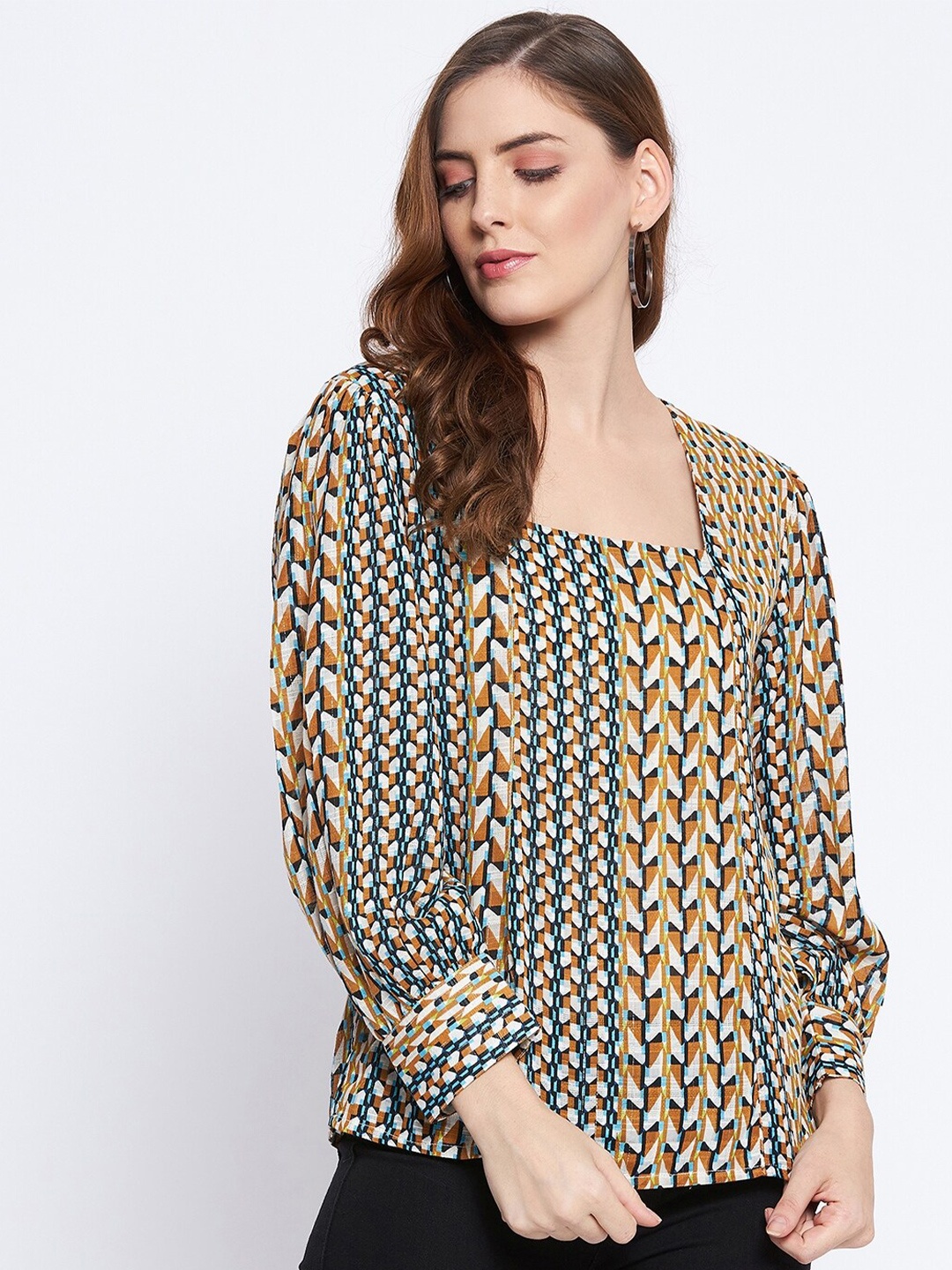 

Ruhaans Brown Geometric Print Styled Back Top