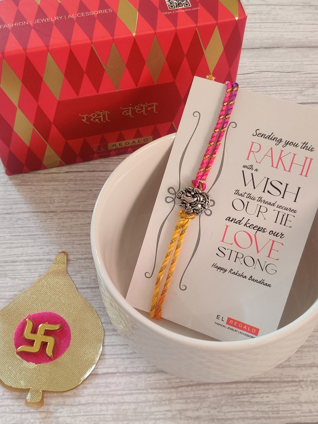 

EL REGALO 925 Sterling Silver Rakhi Combo with Greeting Card and Roli Chawal Shagun