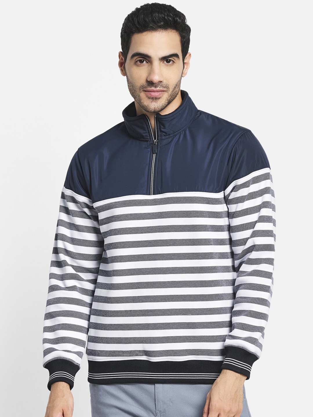 

Octave Men Navy Blue Striped Sweatshirt