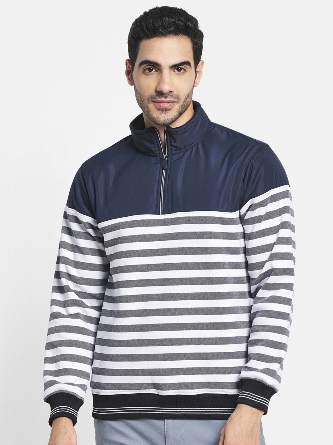 

Octave Men Navy Blue Striped Sweatshirt