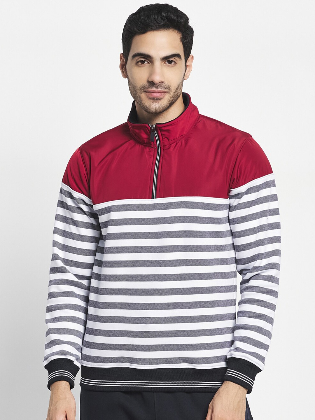 

Octave Men Maroon Striped Sweatshirt