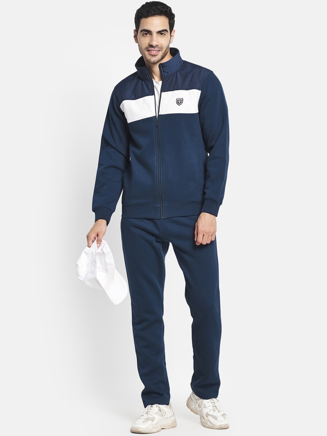 

Octave Men Navy Blue & White Colourblocked Cotton Tracksuit