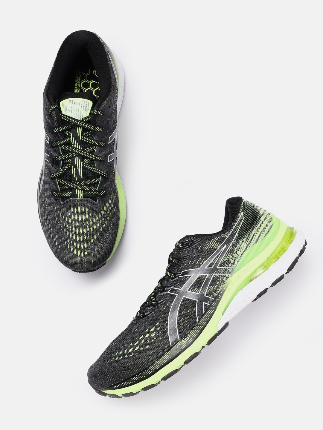 

ASICS Men Charcoal Grey & Green Woven Design GEL-KAYANO 28 Running Shoes