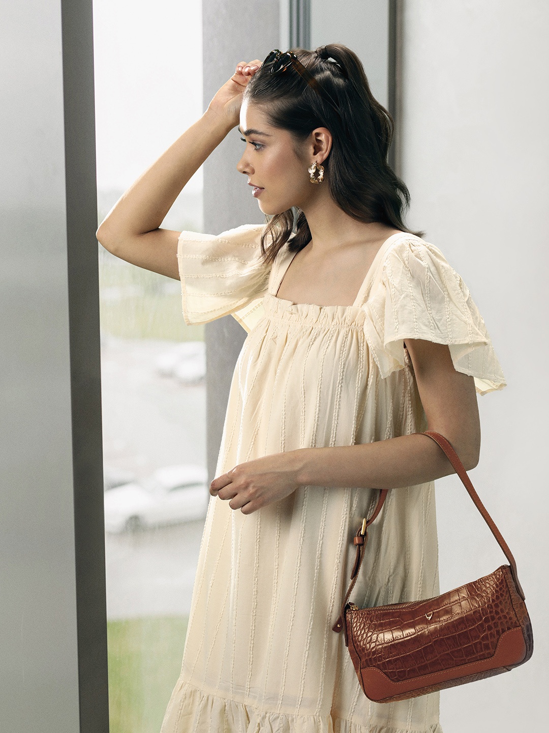 

Hidesign Tan Brown Animal Textured Leather Structured Shoulder Bag