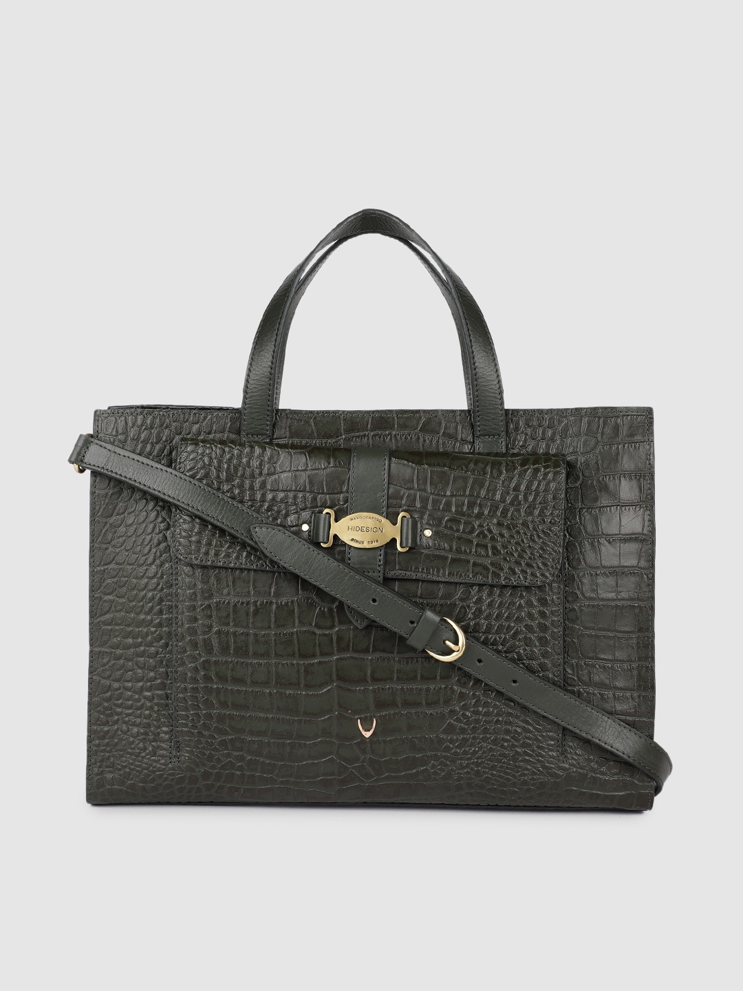 

Hidesign Olive Green Animal Textured Leather Structured Handheld Bag