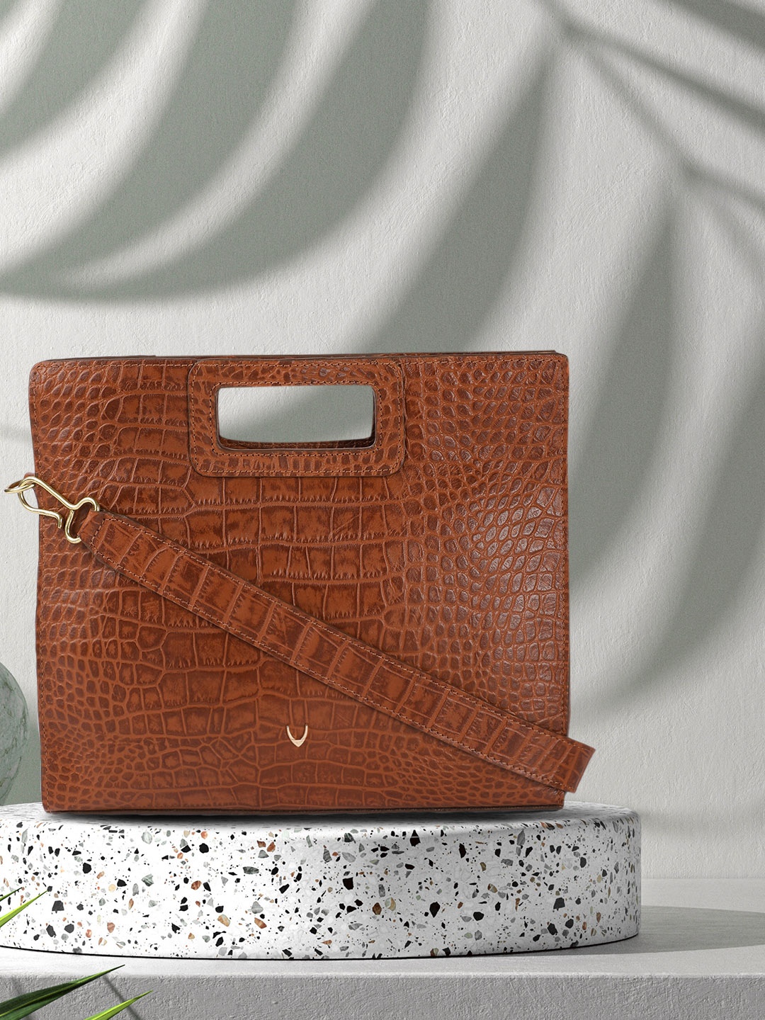 

Hidesign Tan Brown Animal Textured Leather Structured Shoulder Bag