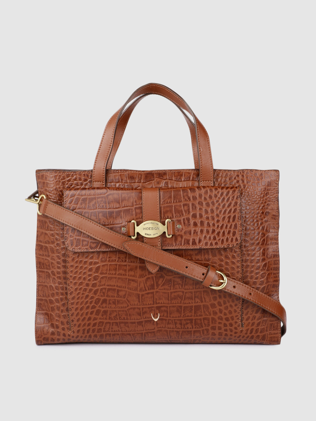 

Hidesign Tan Brown Animal Textured Leather Oversized Structured Shoulder Bag