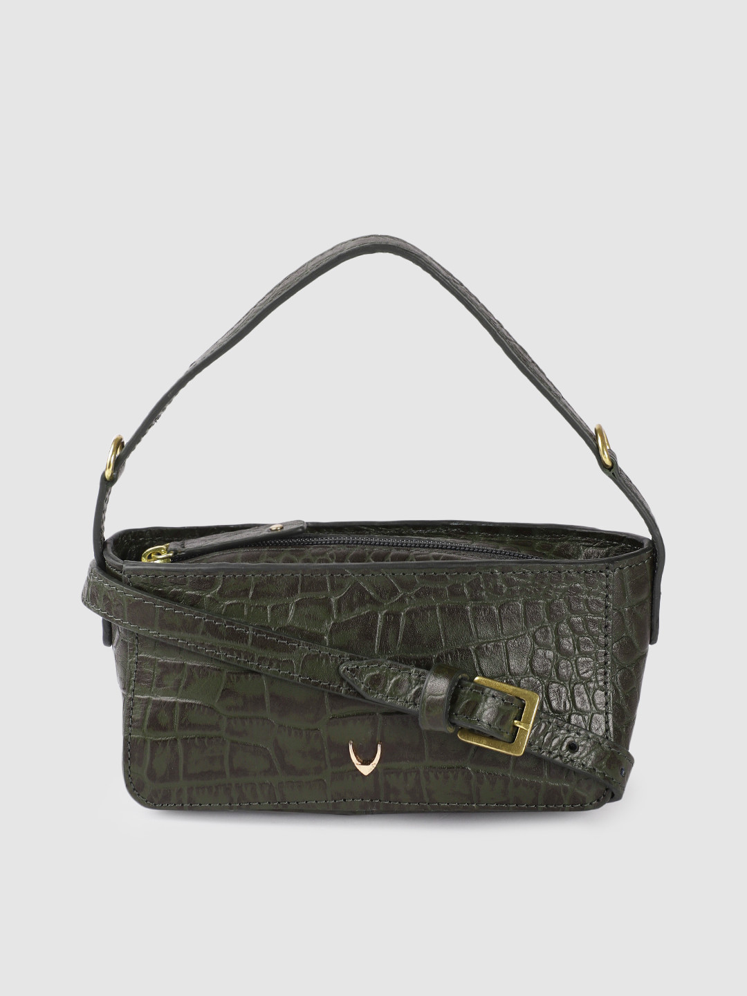 

Hidesign Women Olive Green Animal Textured Leather Structured Handheld Bag