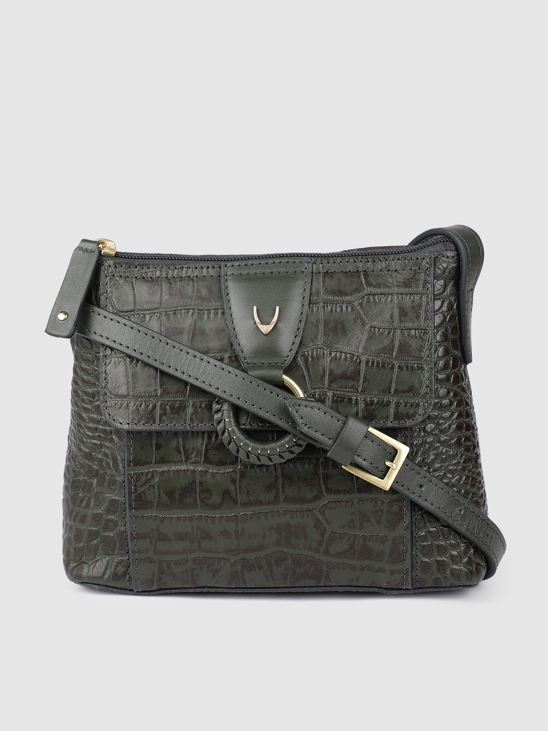 

Hidesign Olive Green Animal Textured Leather Structured Sling Bag