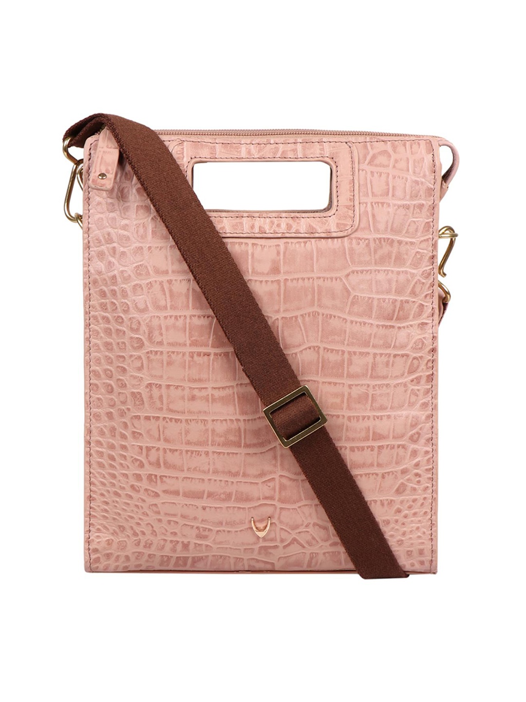 

Hidesign Women Pink Animal Textured Leather Structured Sling Bag