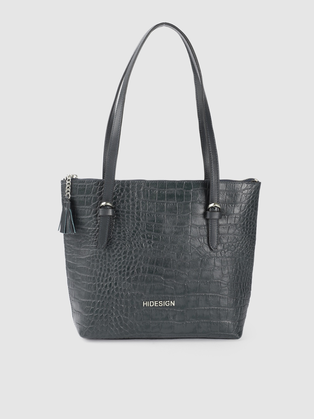 

Hidesign Blue Animal Textured Leather Structured Shoulder Bag with Tasselled