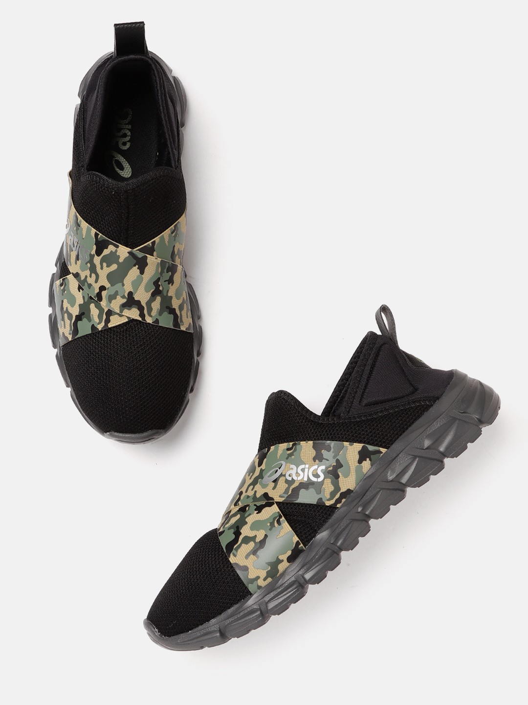 

ASICS Unisex Black & Green Woven Design Quantum Lyte Slip-on Sneakers