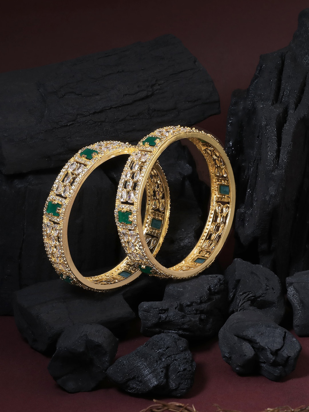 

Adwitiya Collection Set Of 2 24 CT Gold-Plated White & Green Stone-Studded Bangles