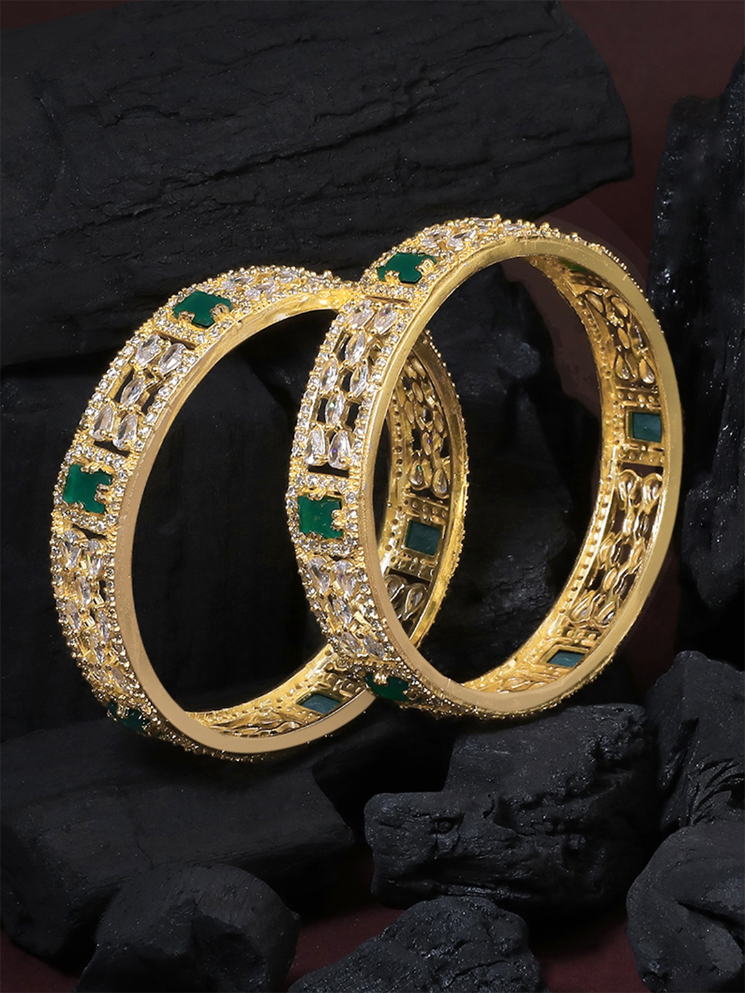 

Adwitiya Collection Set Of 2 24 CT Gold-Plated White & Green Stone-Studded Bangles