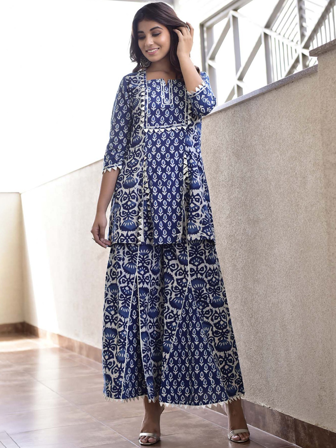 

Mulmul Women Navy Blue Arian Printed Pure Cotton Kurti with Sharara