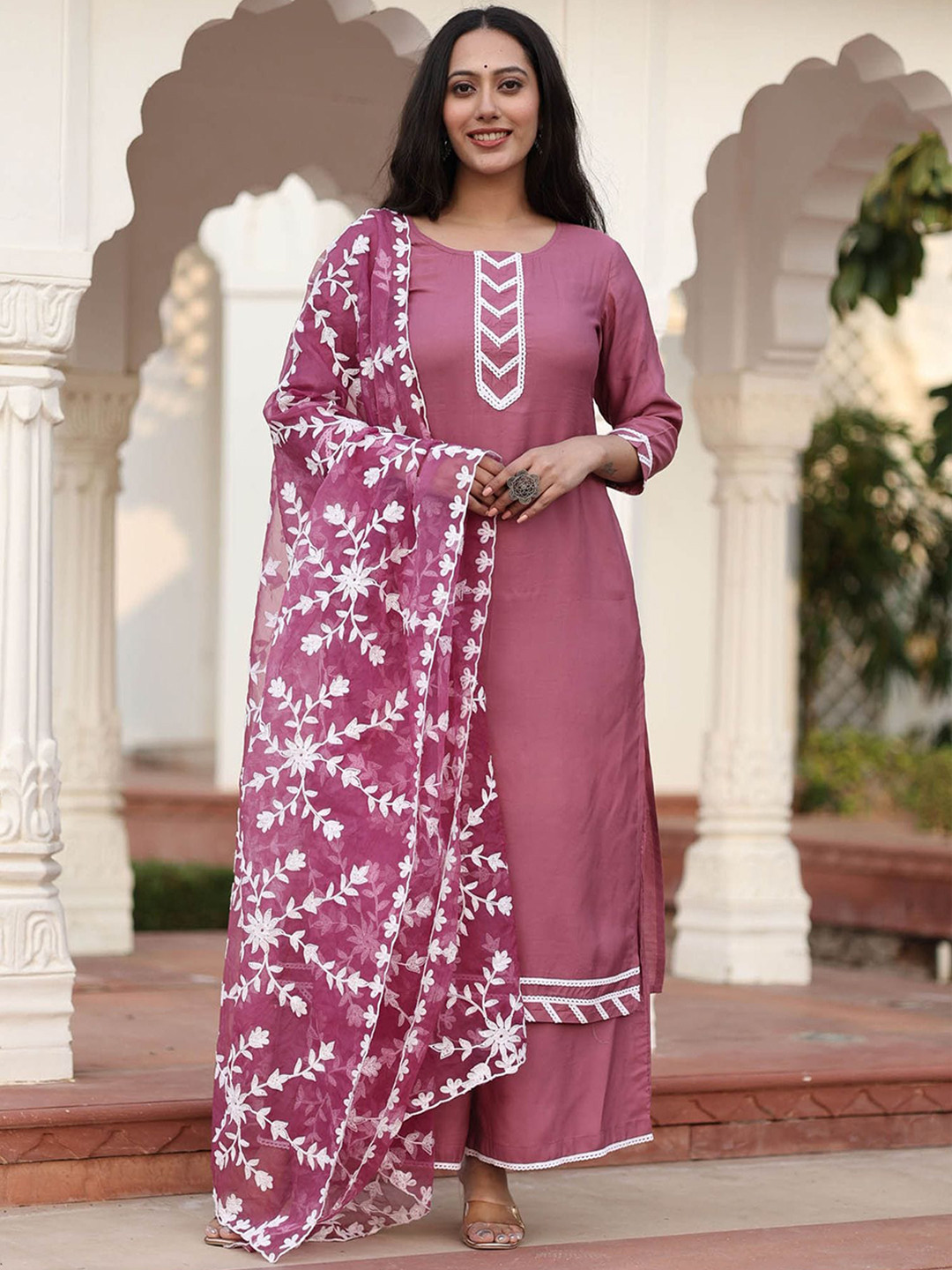 

mulmul.com Women Purple Embroidered Kurta with Palazzos & With Dupatta