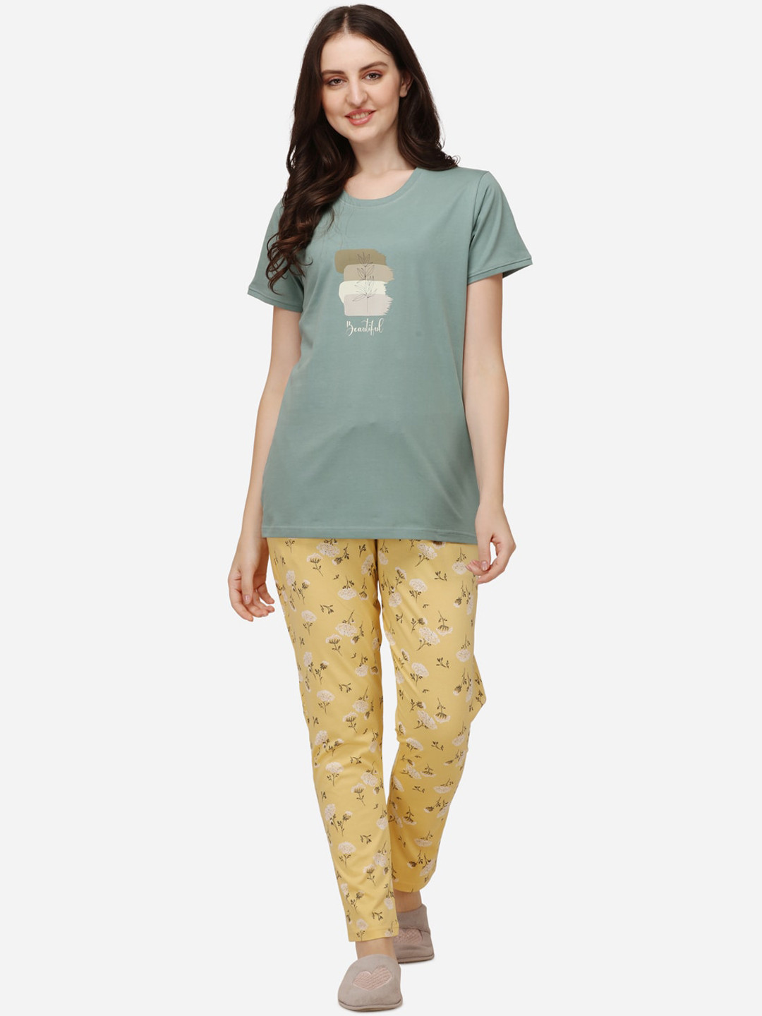 

Lenissa Women Green & Yellow Printed Pure Cotton Night suit