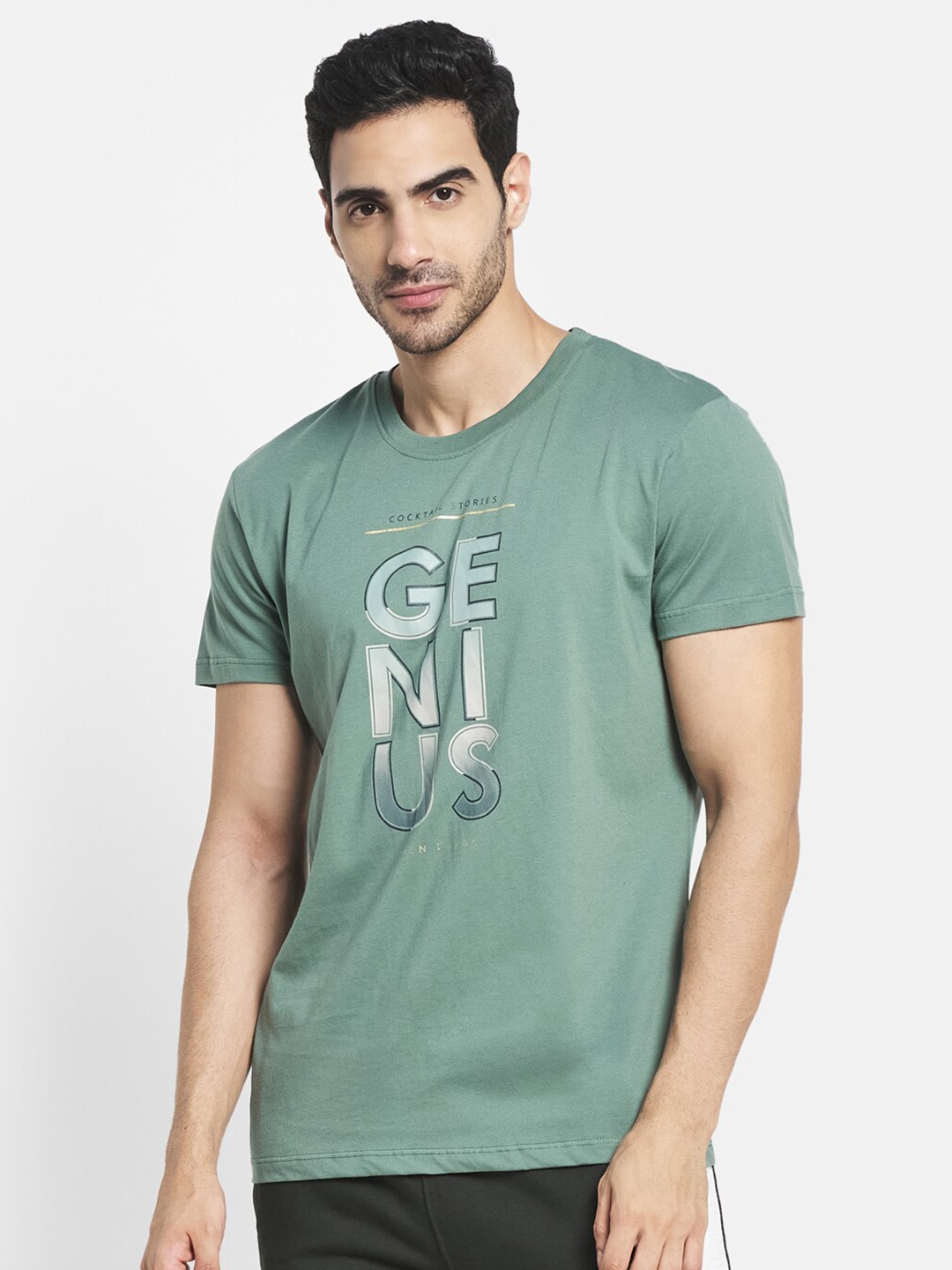 

Octave Men Olive Green Typography Printed Raw Edge T-shirt