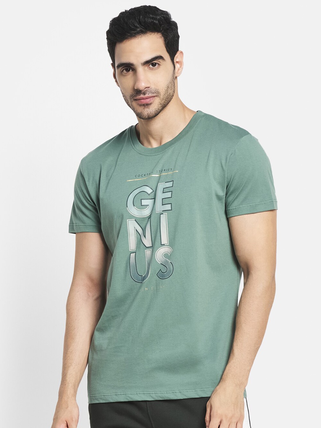 

Octave Men Olive Green Typography Printed Raw Edge T-shirt