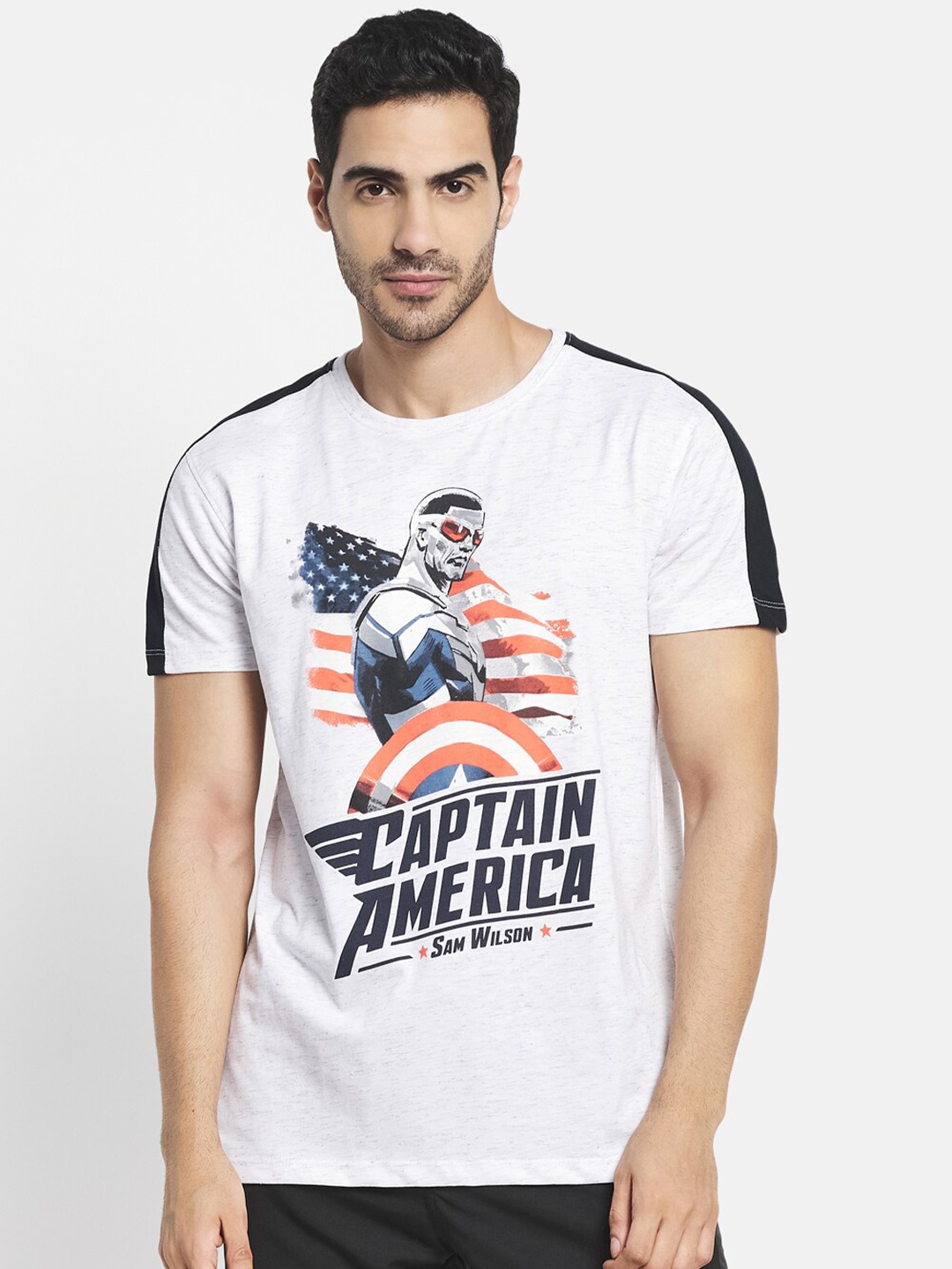 

Octave Men White & bright gray Typography Captain America Printed Applique T-shirt