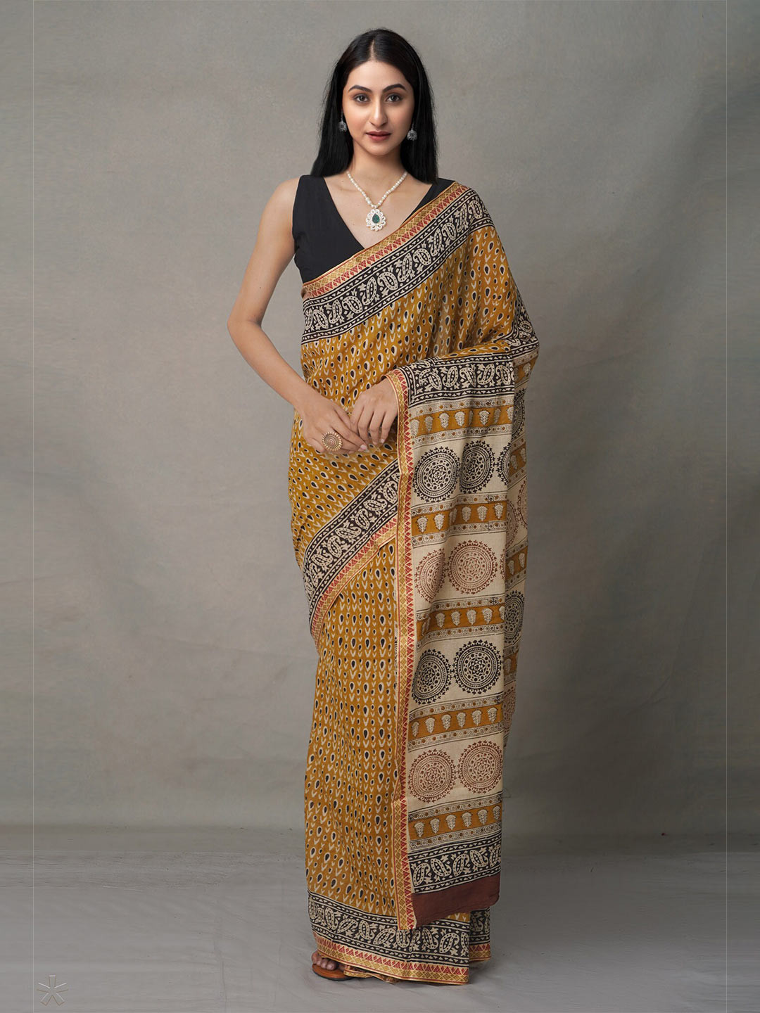 

Unnati Silks Yellow & Black Ethnic Motifs Pure Cotton Block Print Saree
