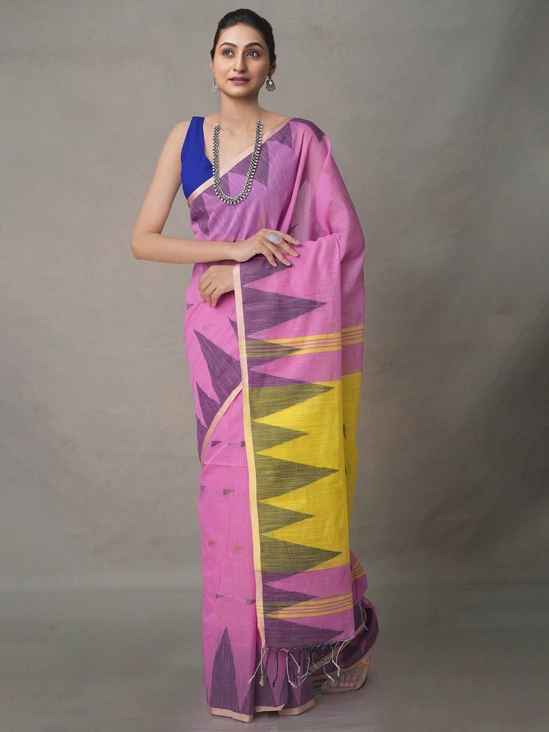 

Unnati Silks Pink & Yellow Woven Design Pure Linen Jamdani Saree