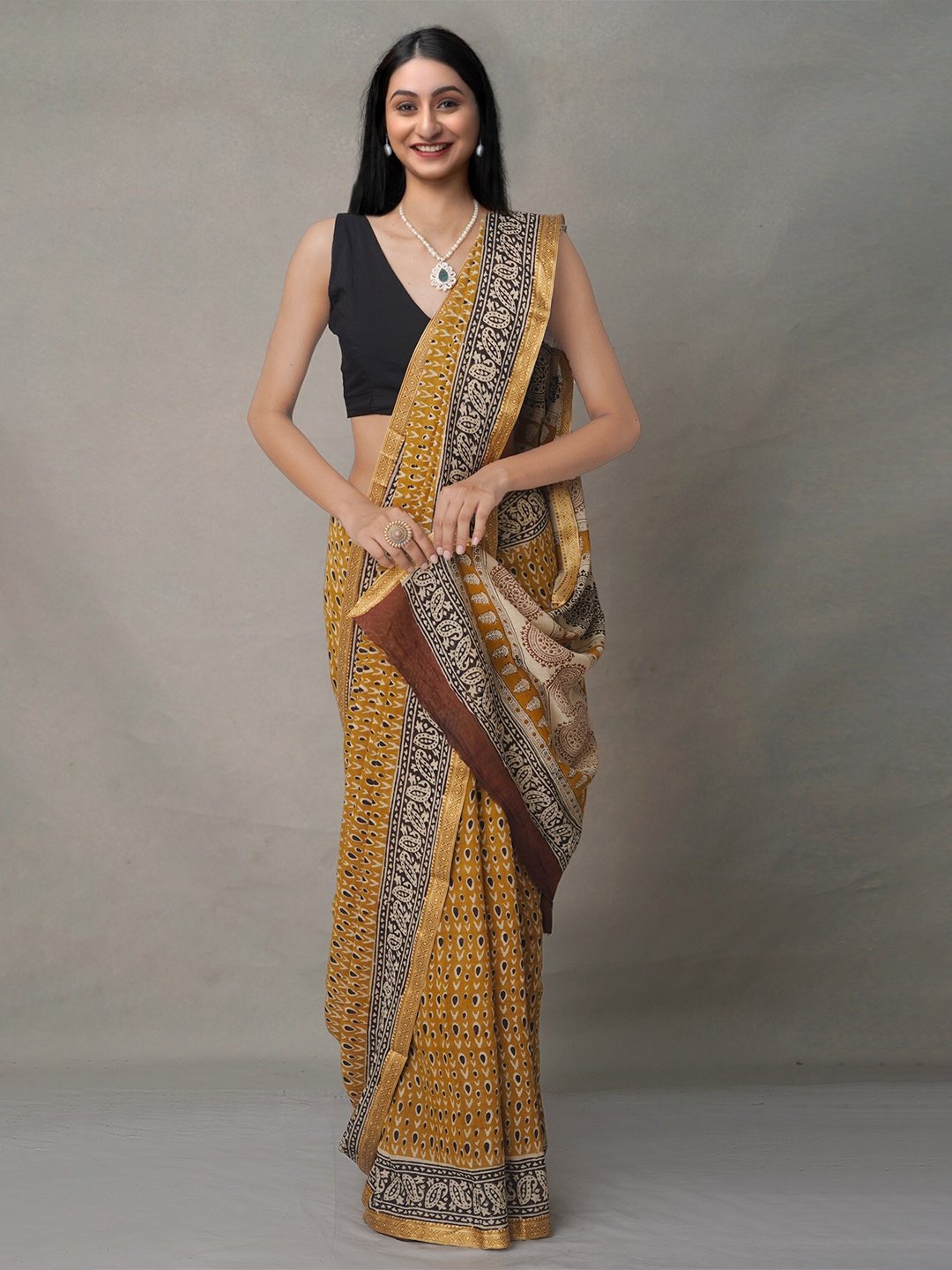 

Unnati Silks Yellow & Black Ethnic Motifs Pure Cotton Block Print Saree