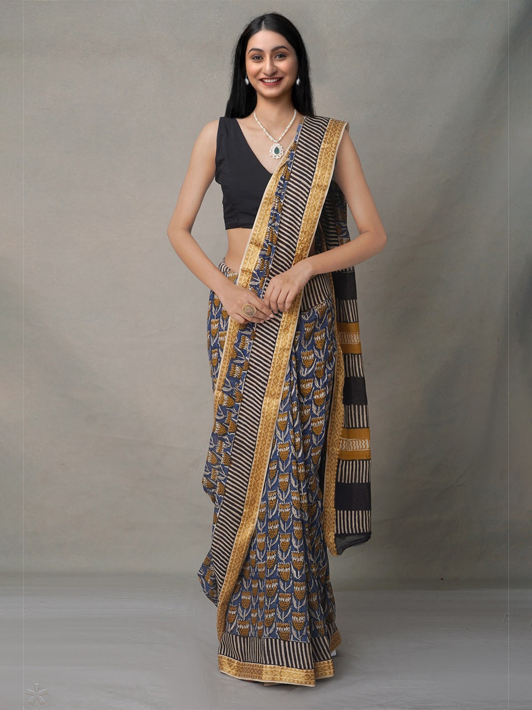 

Unnati Silks Blue & Black Ethnic Motifs Pure Cotton Block Print Saree