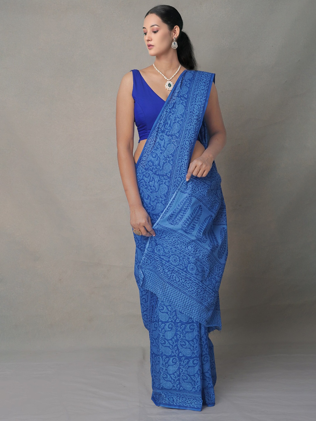 

Unnati Silks Blue Ethnic Motifs Pure Cotton Block Print Saree