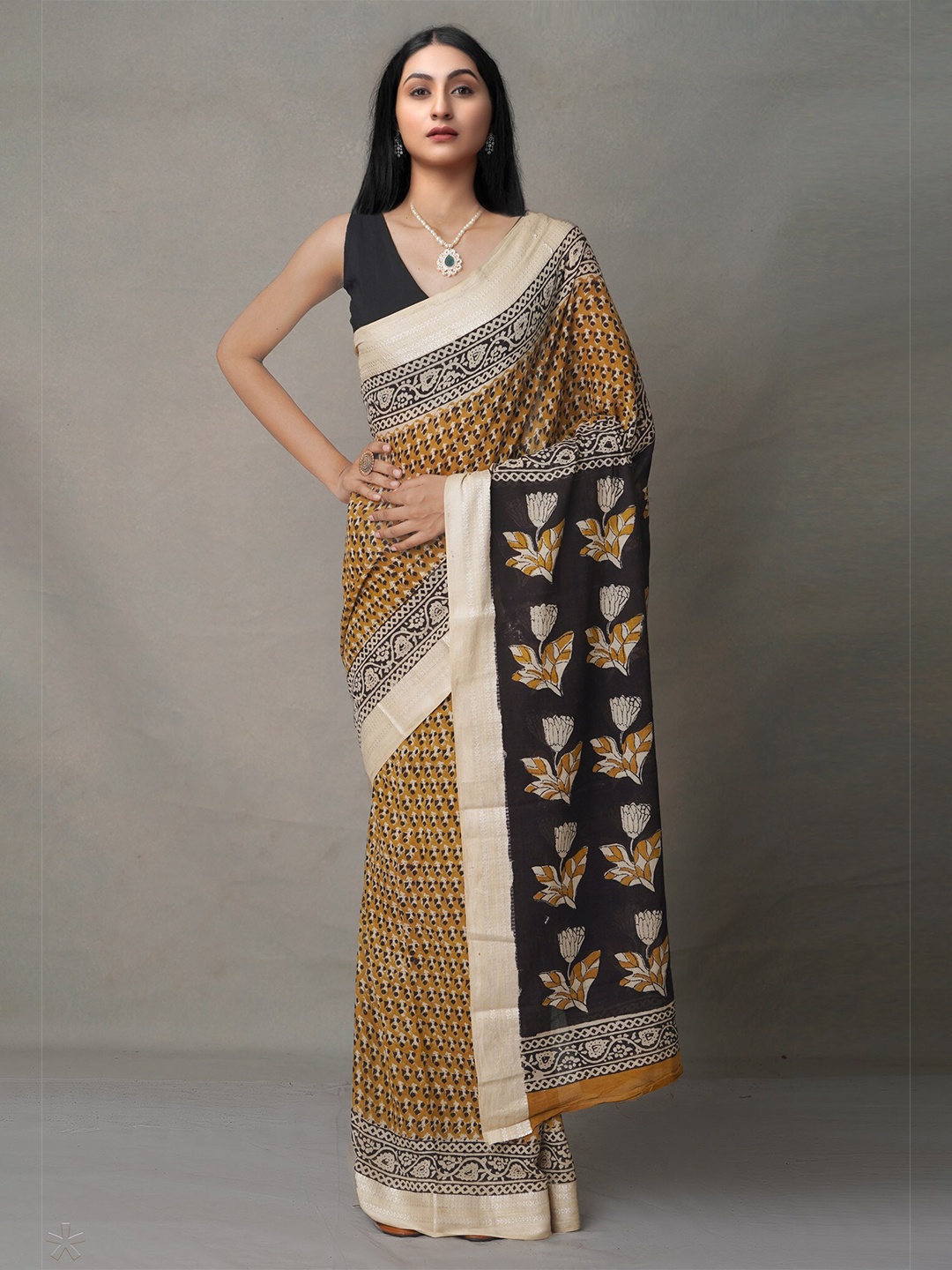 

Unnati Silks Yellow & Black Ethnic Motifs Pure Cotton Block Print Saree