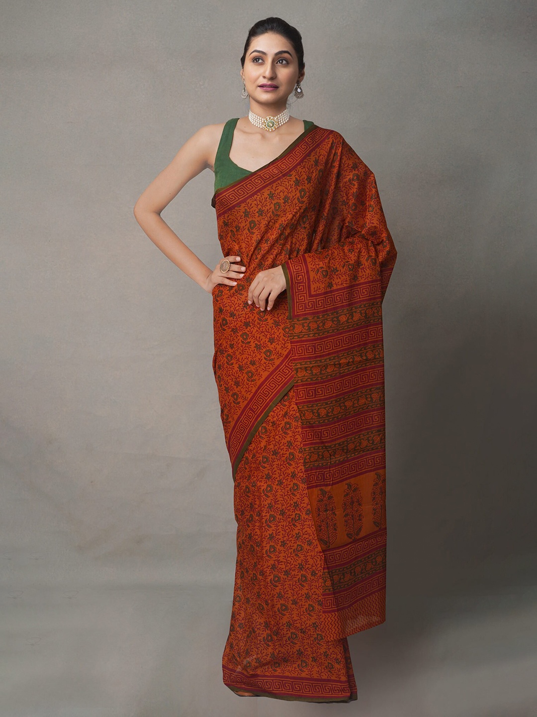 

Unnati Silks Orange & Green Ethnic Motifs Pure Cotton Block Print Saree