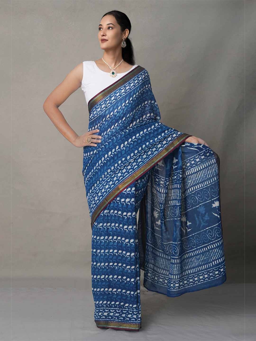 

Unnati Silks Navy Blue & White Ethnic Motifs Pure Cotton Block Print Saree