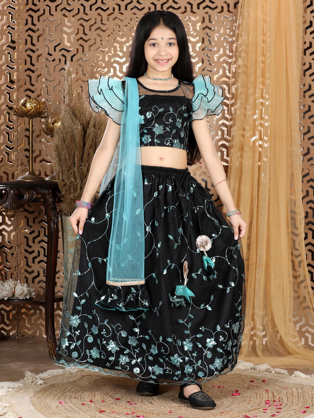 

Cutiekins Girls Blue & Black Embellished Sequinned Ready to Wear Lehenga & Blouse With Dupatta