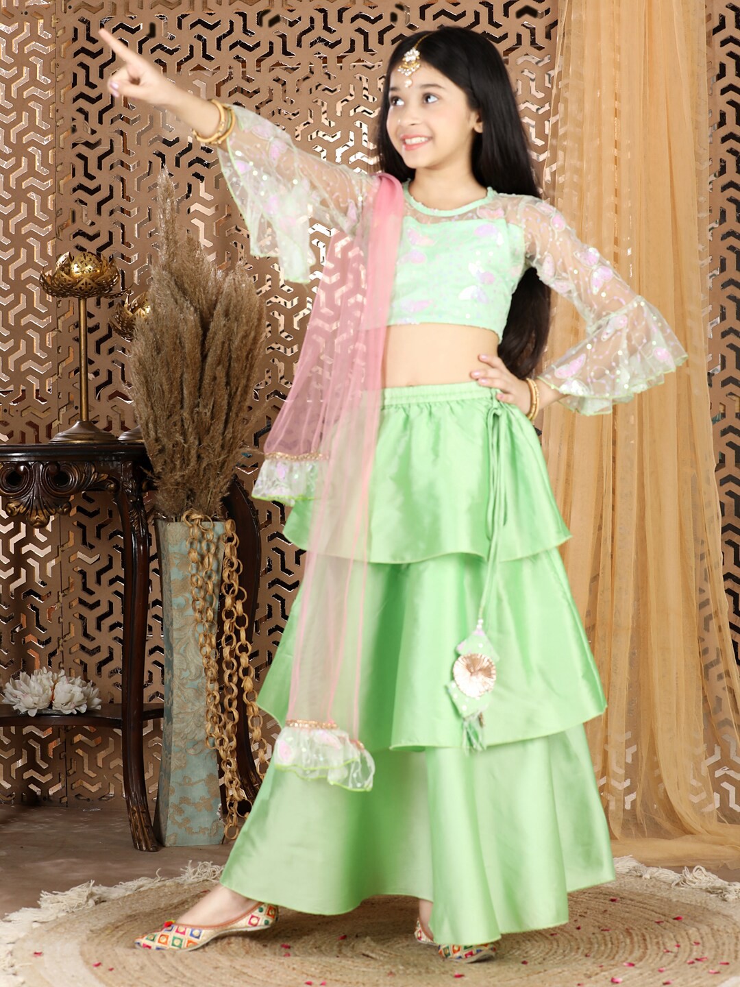 

Cutiekins Girls Green & Pink Net Sequence Work Lengha Choli With Dupatta