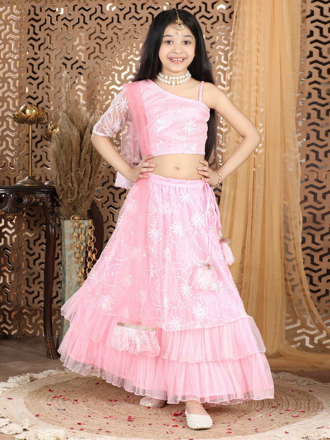 

Cutiekins Girls Pink & White Sequence Net Ready to Wear Lehenga & Blouse With Dupatta