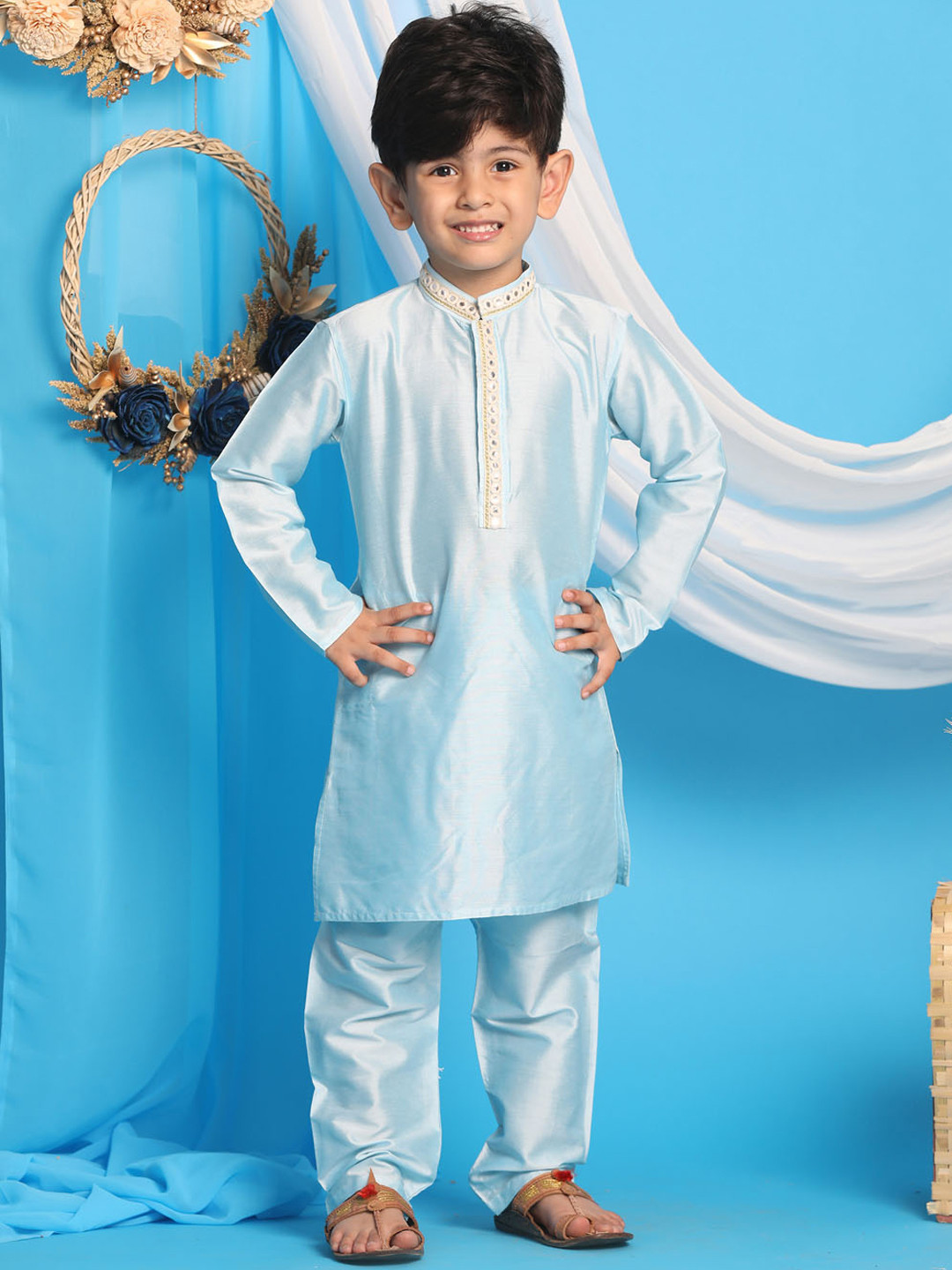 

VASTRAMAY Boys Blue Floral Mirror Work Kurti with Pyjamas & With Dupatta