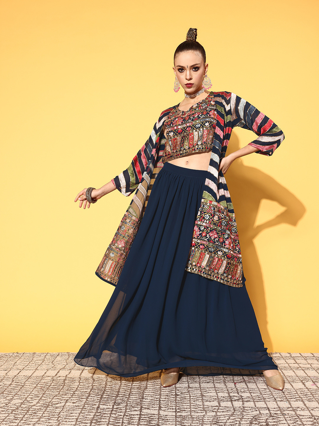 

Kvsfab Women Navy Blue Embroidered Top with Solid Skirt