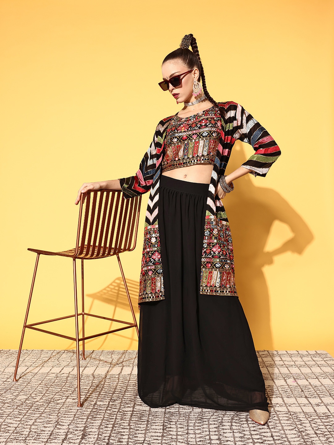 

Kvsfab Women Black Embroidered Top with Solid Skirt