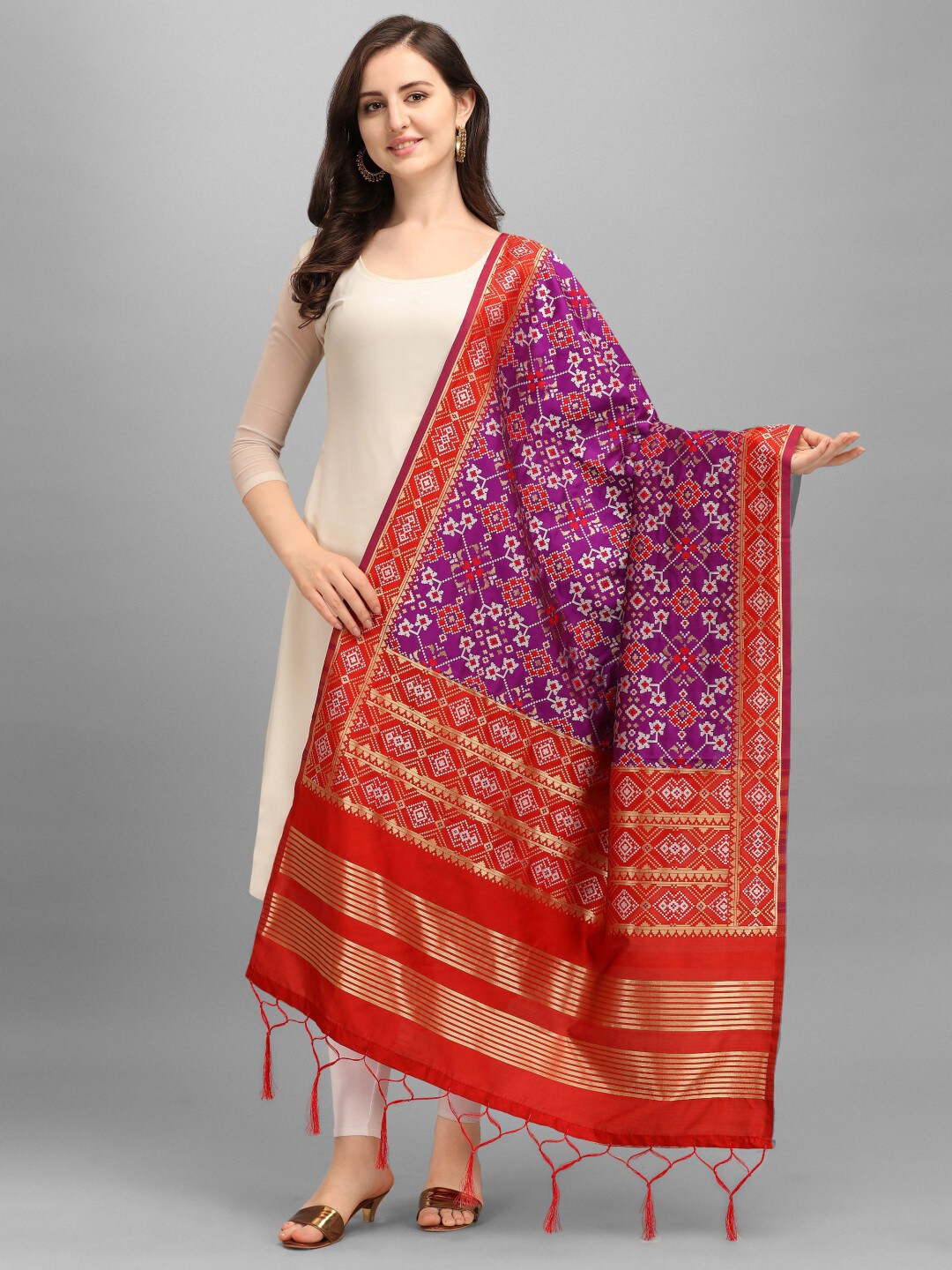 

Pandadi Saree Purple & Red Ethnic Motifs Woven Design Dupatta with Zari