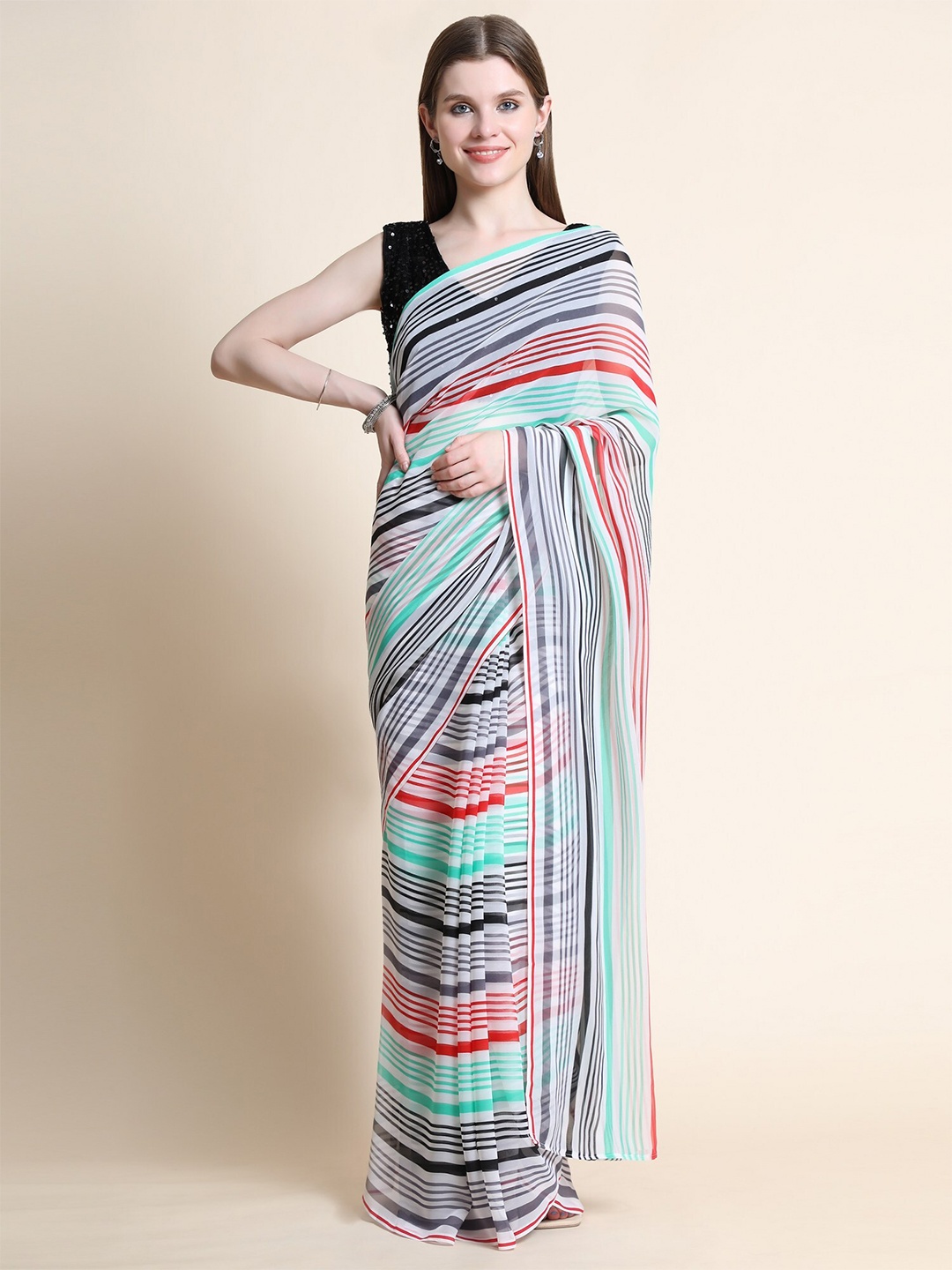 

ORUS Green & White Striped Pure Georgette Saree