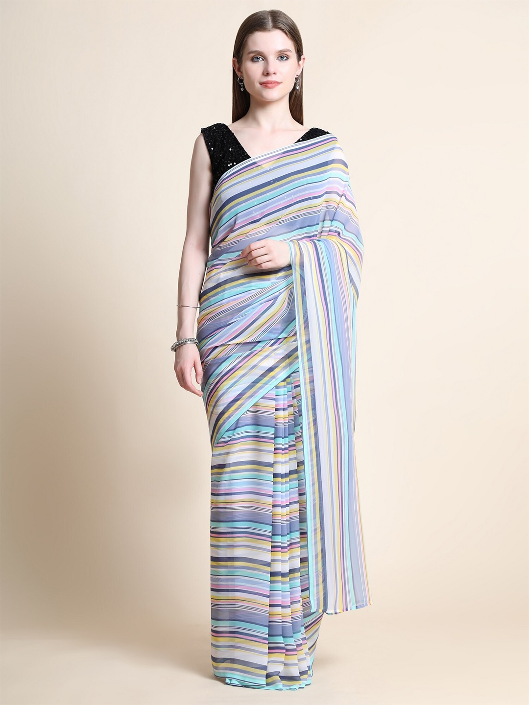 

ORUS Blue & Pink Striped Pure Georgette Saree