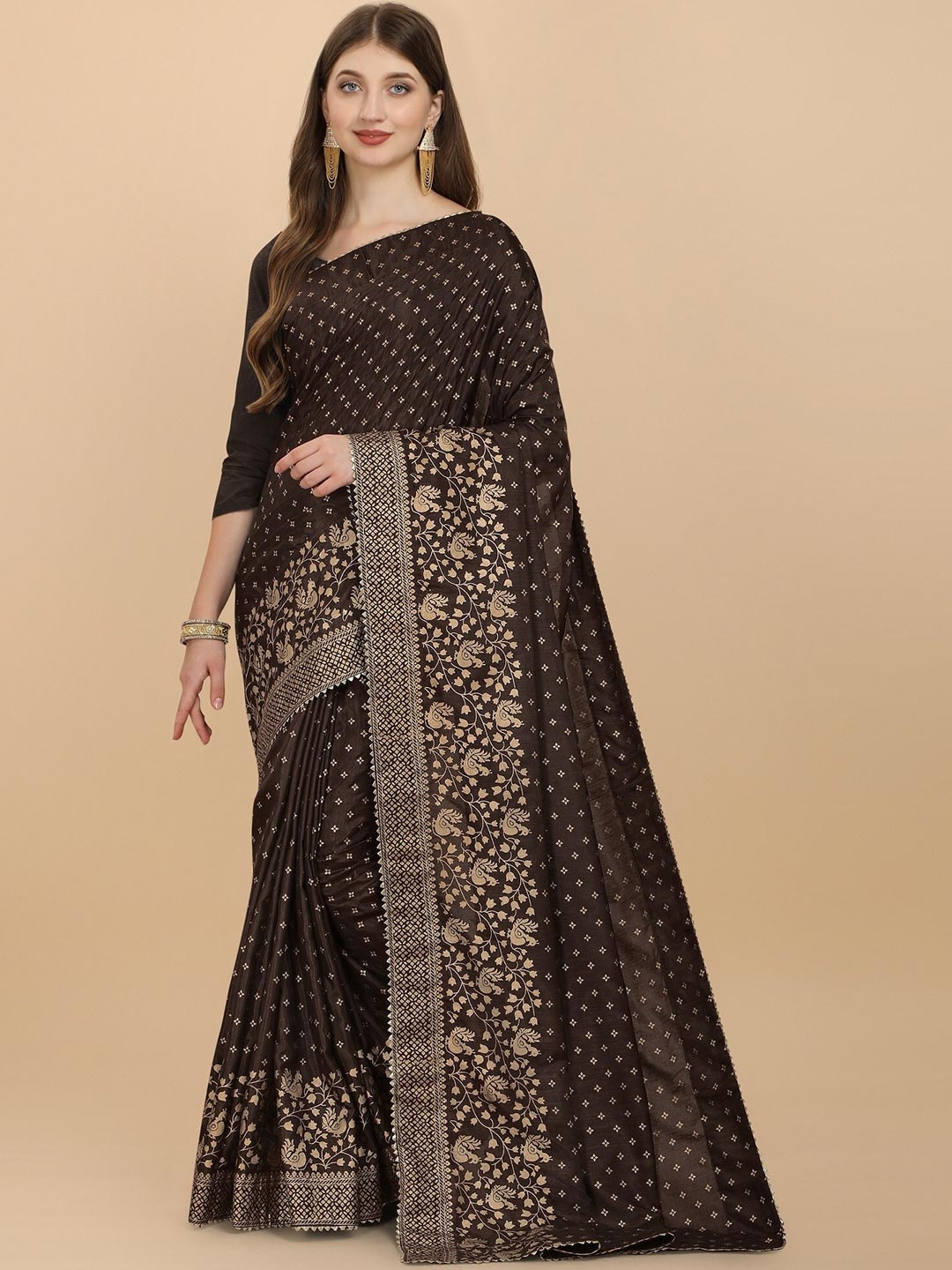 

ORUS Brown & Gold-Toned Floral Zari Silk Cotton Half and Half Banarasi Saree