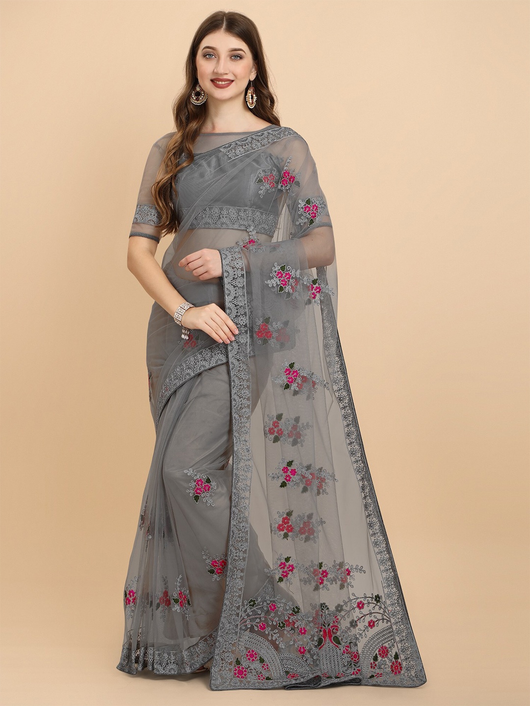 ORUS Grey & Green Floral Embroidered Net Heavy Work Saree
