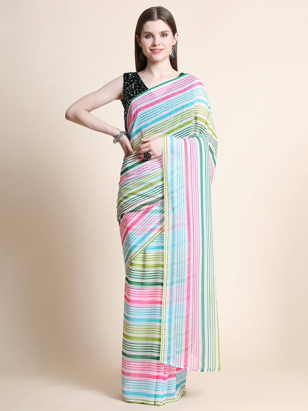 

ORUS Green & White Striped Pure Georgette Saree