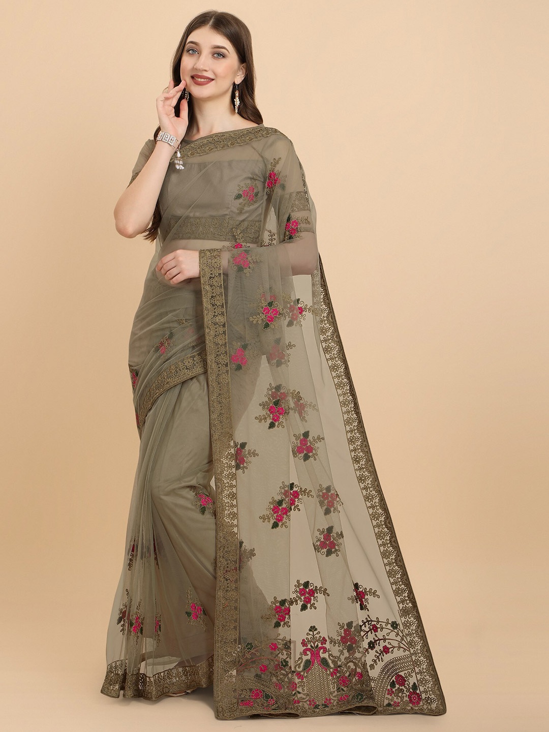 

ORUS Camel Brown & Pink Floral Embroidered Net Heavy Work Saree