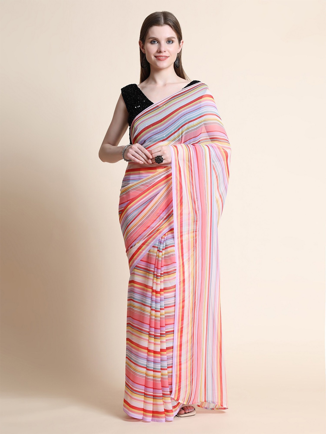 

ORUS Red & White Striped Pure Georgette Saree