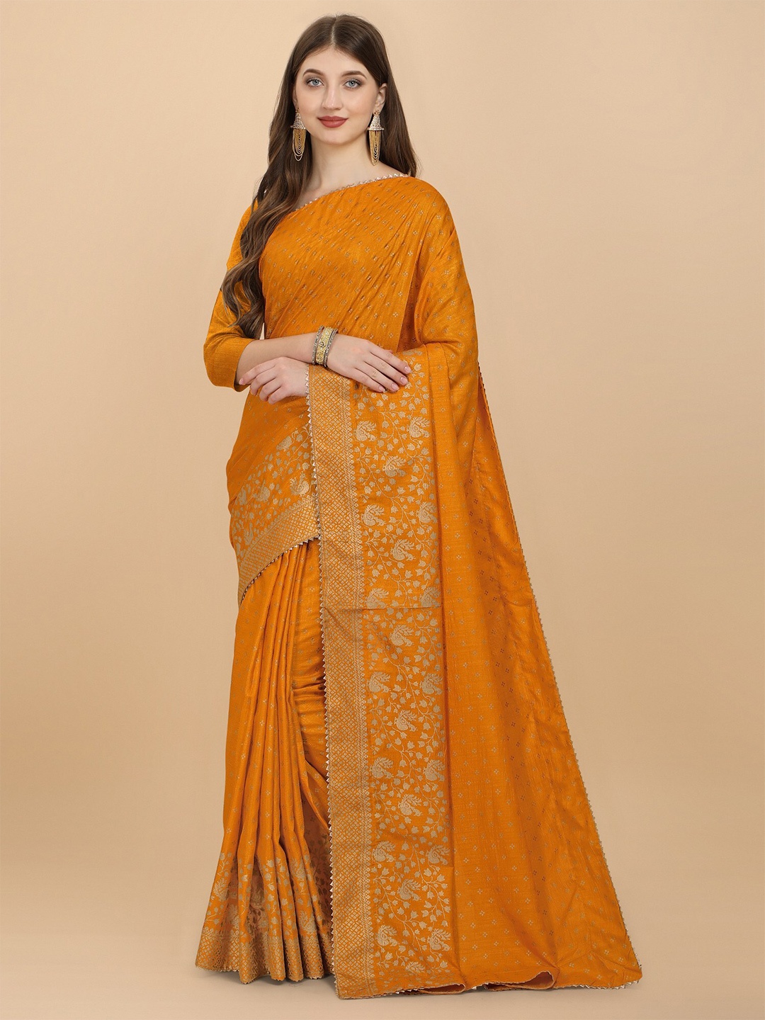 

ORUS Yellow & Gold-Toned Woven Design Zari Silk Cotton Half and Half Banarasi Saree