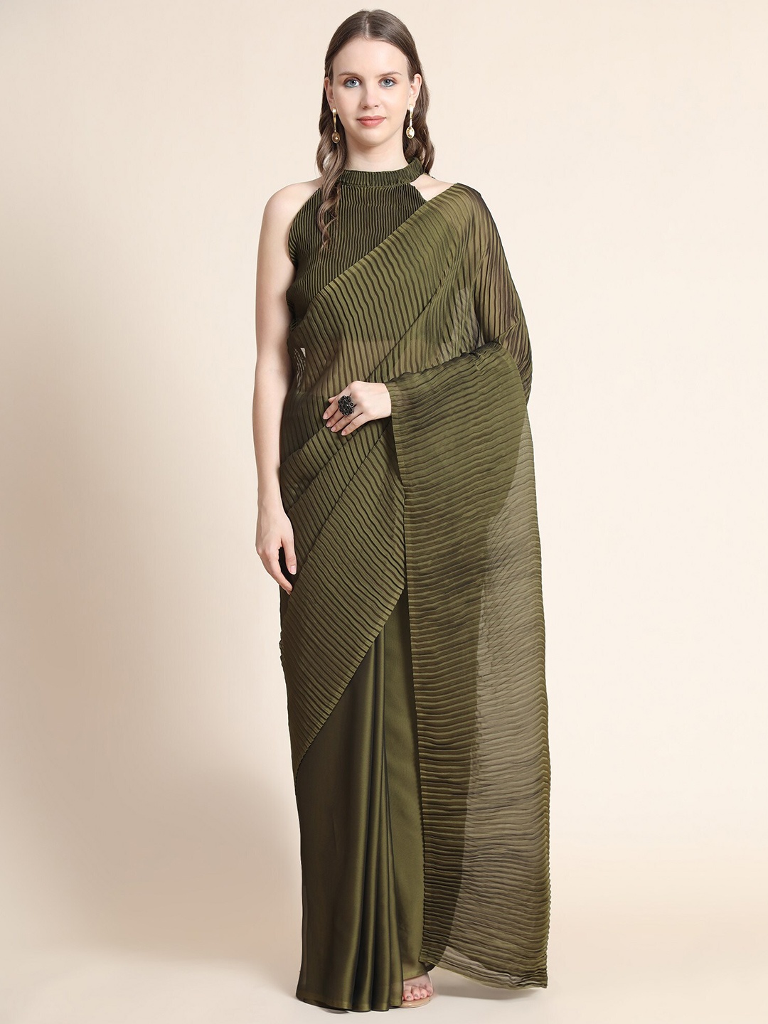 

ORUS Fluorescent Green Silk Blend Saree