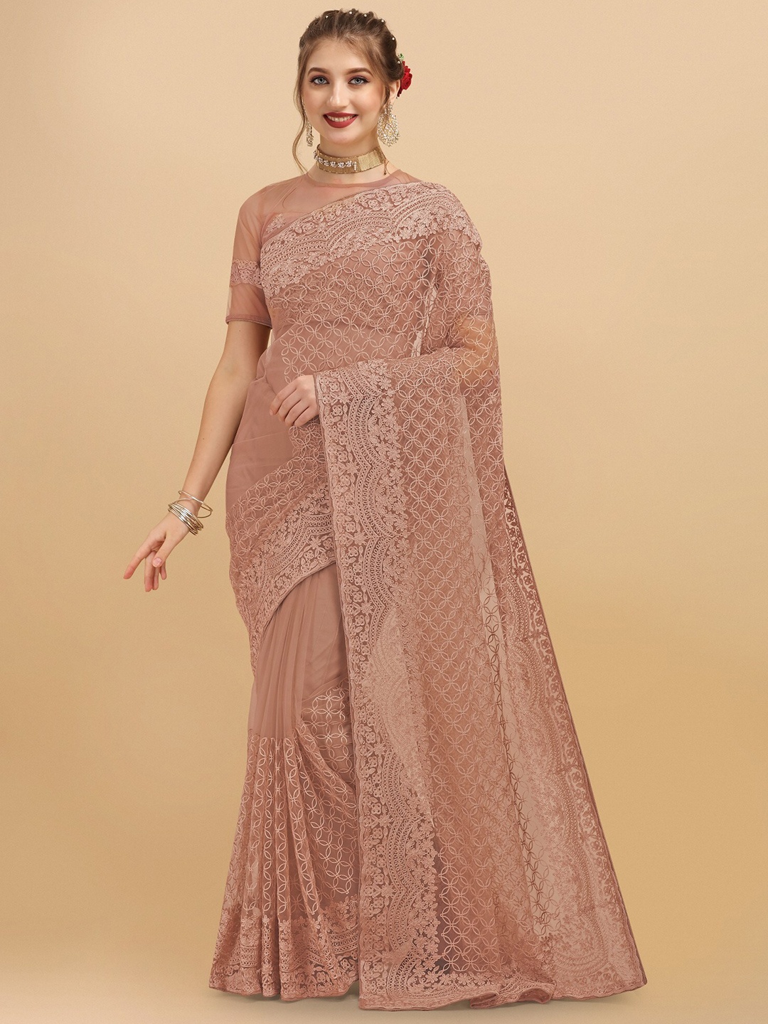

ORUS Beige Floral Embroidered Net Half and Half Saree
