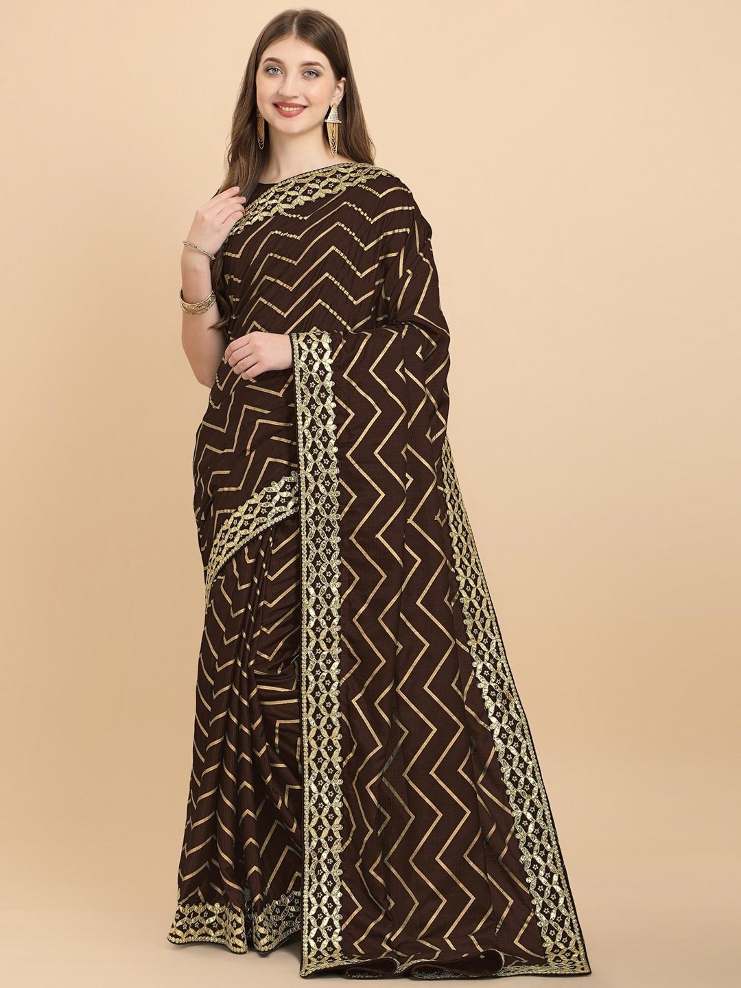 

ORUS Brown & Gold-Toned Leheriya Gotta Patti Silk Cotton Half and Half Leheriya Saree